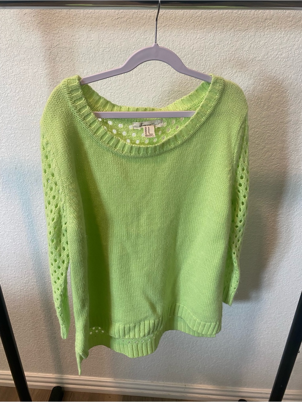 Forever 21 Bright Lime Green Scoop Neck Open-Knit Sleeve Sweater